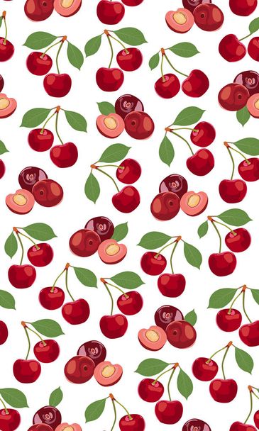 Varrat nélküli mintás cseresznye gyümölcsök, friss bioélelmiszerek, piros gyümölcsök bogyó mintás fehér. Vektoros illusztráció. - Vektor, kép