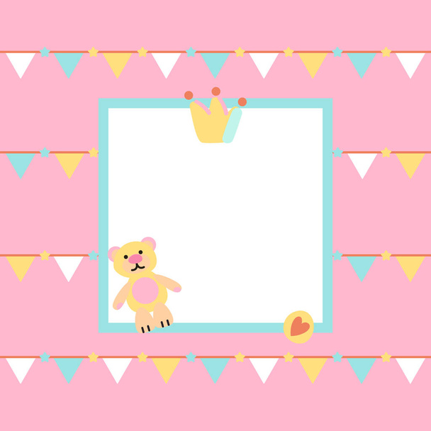 garlands, crown and toy bear on pink background - Вектор, зображення