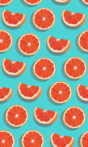 nahtlose Schnittmuster orangefarbene Früchte auf grün-blauem Hintergrund. Grapefruitvektorillustration. - Vektor, Bild