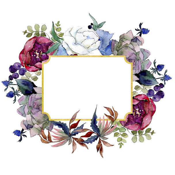 Bouquet floral botanical flowers. Watercolor background illustration set. Frame border ornament square. - Photo, image
