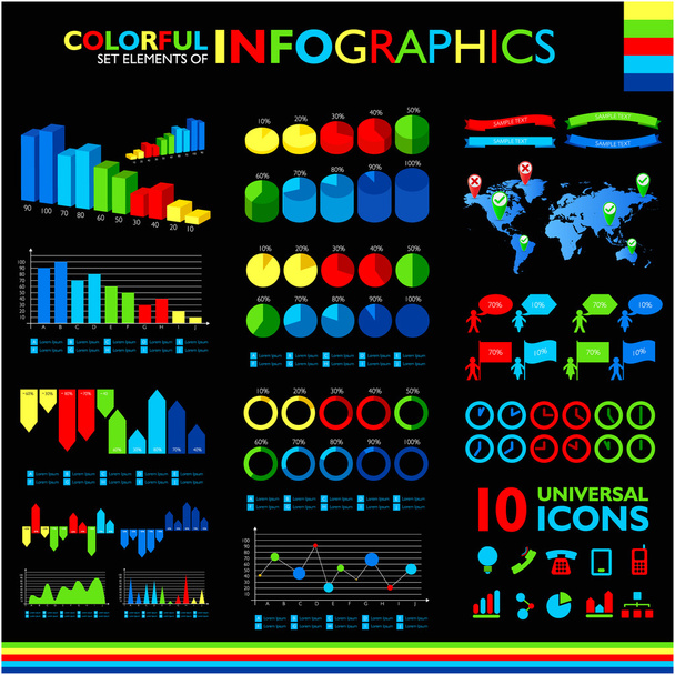 Colorful infographics set on black background and icons set. - Vector, Image