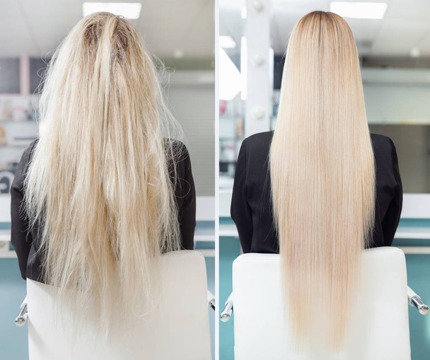 Düzleştirme tedavisinden önce ve sonra. Hasta, kesim ve sağlıklı saç bakımı keratin - Fotoğraf, Görsel