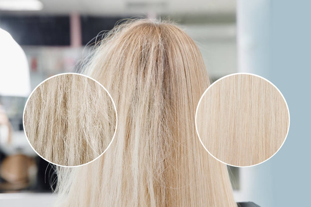 Beteg, vágott és egészséges haj ellátás keratin. Kezelés előtt és után - Fotó, kép