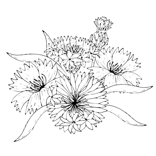Blumenschablone mit schwarzer Linie Feldblumen - Vektor, Bild