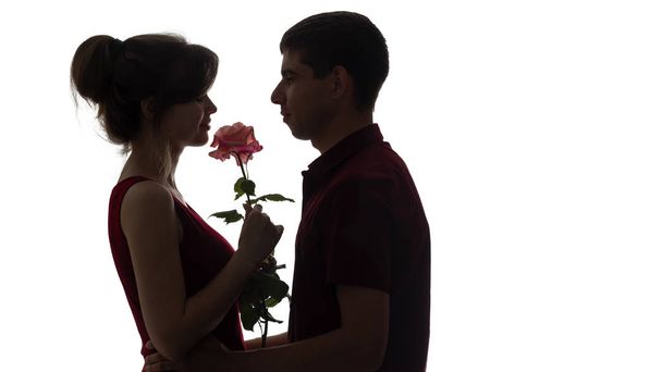 silhouette of a young couple in love on white isolated background, man gives a woman a rose flower, concept love - 写真・画像