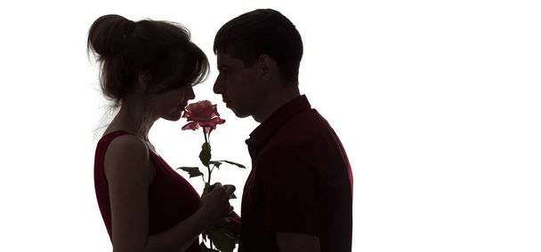 silhouette profile of a young couple sensually bowed their heads to the bud of a rose on white isolated background, boy and girl in romance, concept love - Foto, immagini