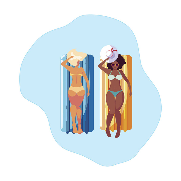 mooie interraciale meisjes met float matras in het water - Vector, afbeelding