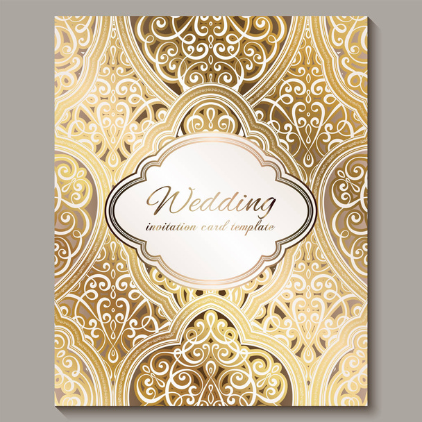 Προσκλητήριο γάμου με χρυσό γυαλιστερό Ανατολικής και μπαρόκ πλούσιο φύλλωμα. Περίτεχνα ισλαμική υπόβαθρο για το σχεδιασμό σας. Ισλάμ, Αραβική, ινδική, Ντουμπάι. - Διάνυσμα, εικόνα