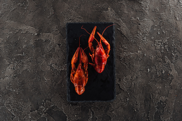 top view of black plate with red lobsters on grey textured surface - Foto, afbeelding