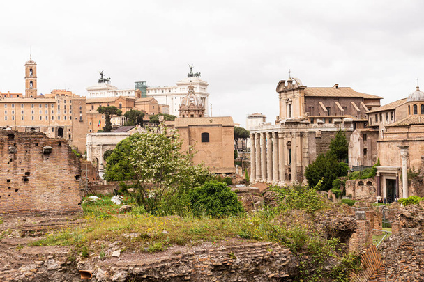 ROME, ITALY - JUNE 28, 2019: people at old buildings near green trees under grey sky  - Фото, изображение