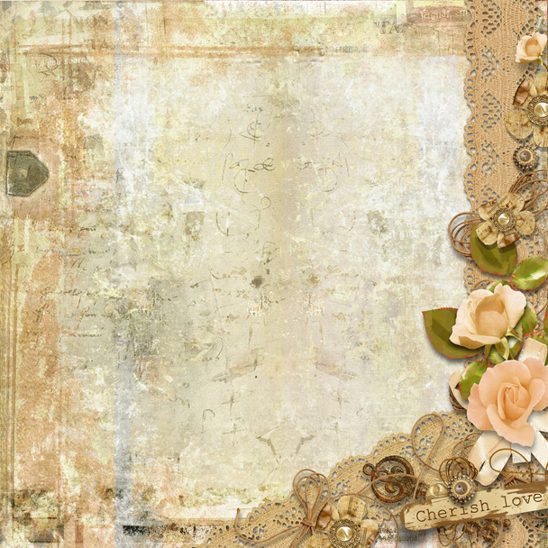 Grunge card on shabby background with roses - Foto, Imagen