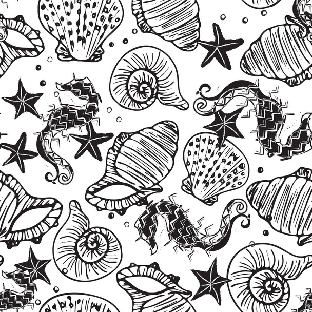 Black and white vector seahorse, starfish and seashell seamless pattern background. - Vector, Image