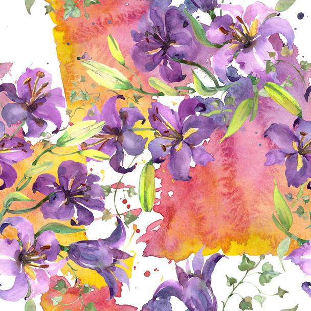 紫色のユリ花束花植物の花。●水彩背景イラストセット。シームレスな背景パターン. - 写真・画像