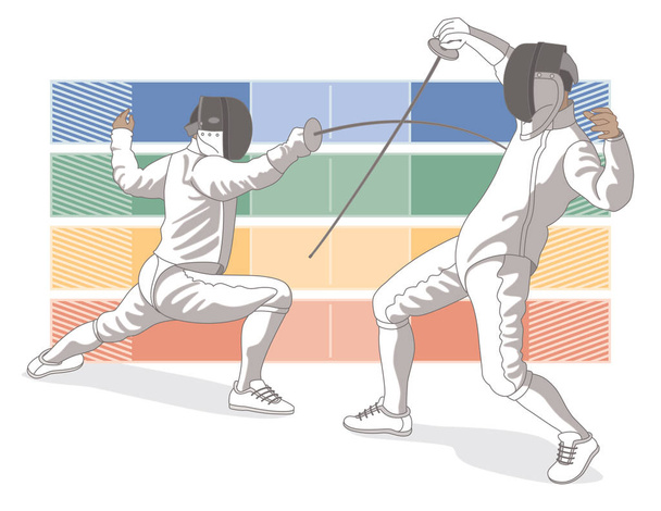 περίφραξη 2 αρσενικούς ξιφομάχων σε δράση με τέσσερα χρώματα piste στο παρασκήνιο - Διάνυσμα, εικόνα