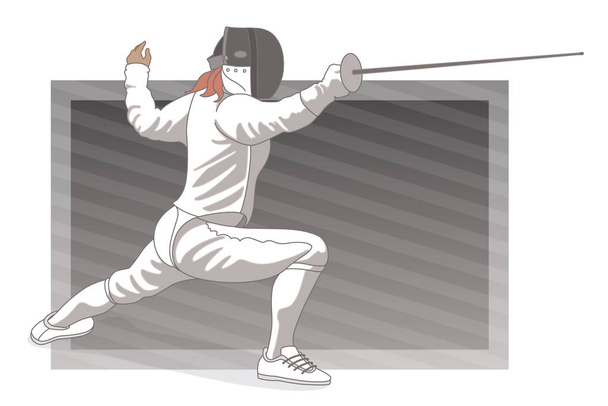 fencing female fencer in lunge position on a grey background - Vector, Image