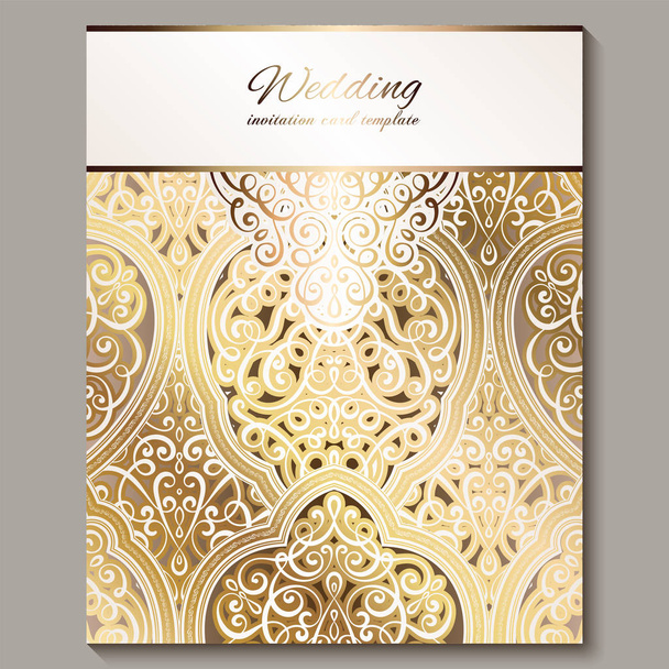 Carte d'invitation de mariage avec un feuillage riche oriental et baroque brillant doré. Arrière-plan islamique décoré pour votre design. Islam, arabe, indien, Dubaï
. - Vecteur, image