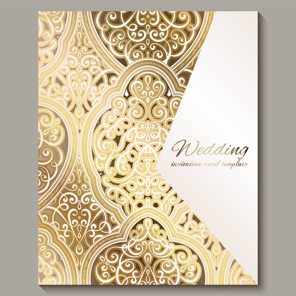 Esküvői meghívó arany fényes keleti és barokk gazdag lombozaton. Díszes iszlám háttér a tervezési. Iszlám, Arab, indiai, Dubai. - Vektor, kép