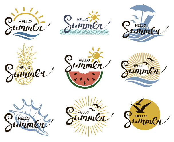 emblèmes collection de lettrage d'été bonjour avec plage, ananas et pastèque isolé sur fond blanc
 - Vecteur, image