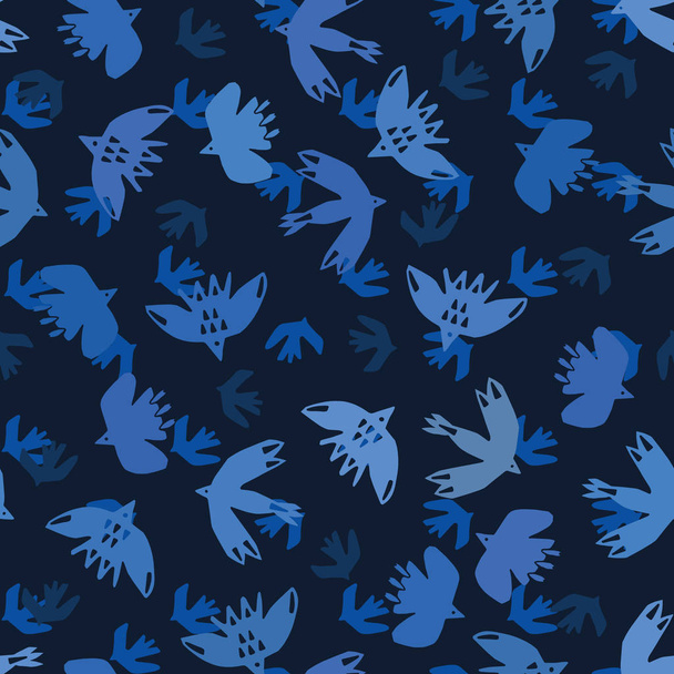 Indigo blue abstract birds flying cut out shapes. Vector pattern seamless background. Hand drawn matisse style collage graphic illustration. Trendy home decor, avian sky fashion prints, wallpaper. - Vektor, obrázek