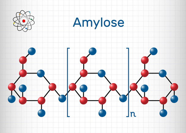 Amylose molecule. It is a polysaccharide and one of the two components of starch. Structural chemical formula and molecule model. Sheet of paper in a cage - ベクター画像
