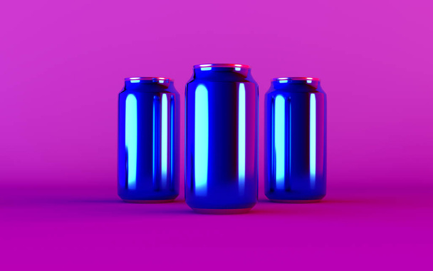 Three blue glossy drink bottles on a bright pink background. 3d rendering. - Foto, immagini