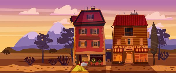 Krajinný západ slunce léto, budovy, domov, kavárna, krajina, výhled na venkov, divoký západ, hory, Savannah poušť, vektor, ilustrace, kreslený styl, izolovaný. Pro animaci, hry, aplikace - Vektor, obrázek