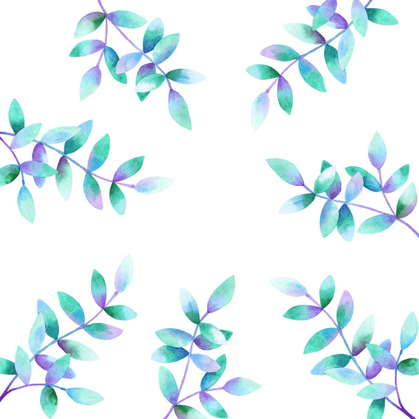 Sablontervezés. Háttér gyönyörű ágak zöld lila kék levelek. Kézzel rajzolt akvarell illusztráció. - Fotó, kép