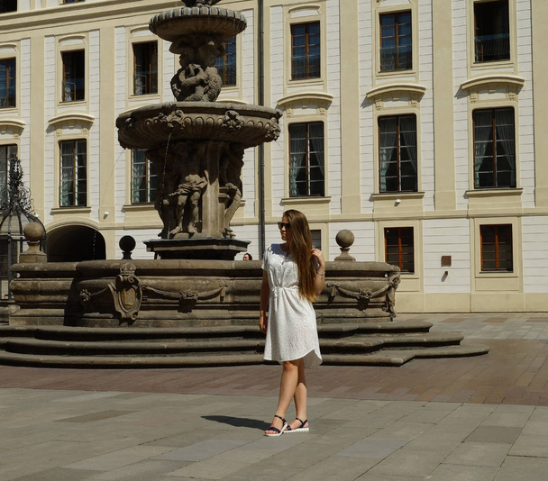 Young girl student posing by the fountain on a sunny day in Prague Castle in Prague - Фото, зображення