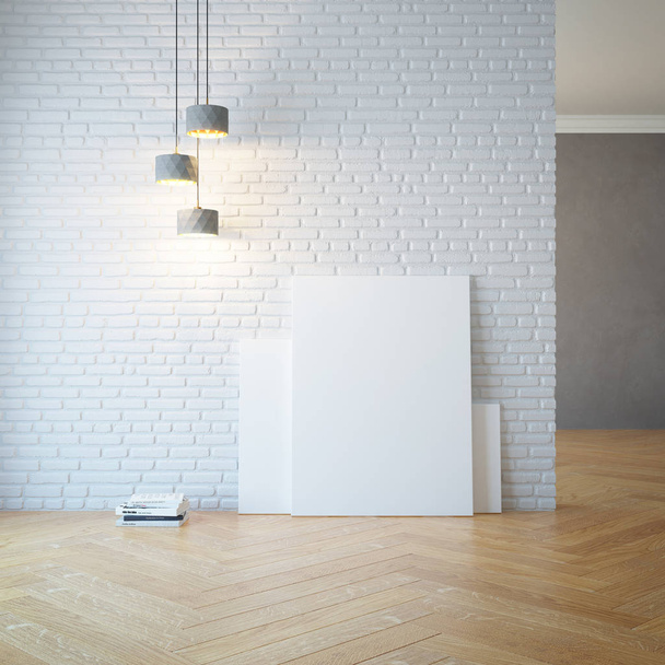 empty room with light and blank pictures - Fotoğraf, Görsel