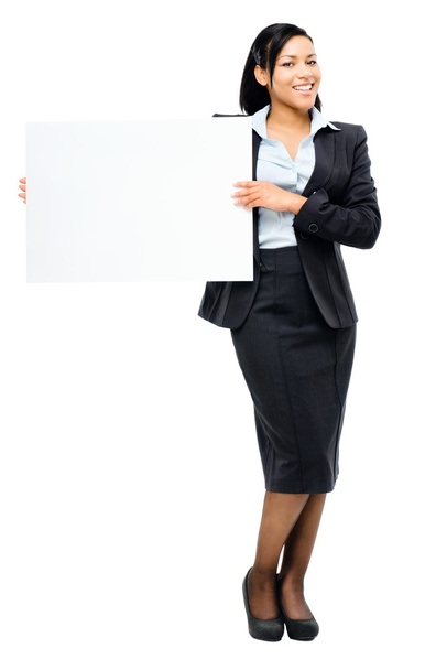 Happy mixed race business woman pointing at empty copy space iso - Photo, Image