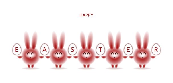 Счастливой Пасхи! Открытка, флаер, приглашение. Танцующие пасхальные красные кролики с поздравлениями держат белые яйца. Изолированный на белом фоне. Векторная иллюстрация
 - Вектор,изображение