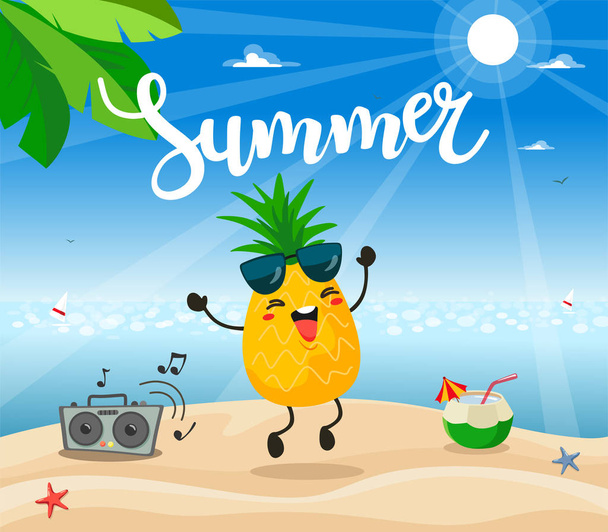 Summer poster design with vector pineapple character. - Vector, Image