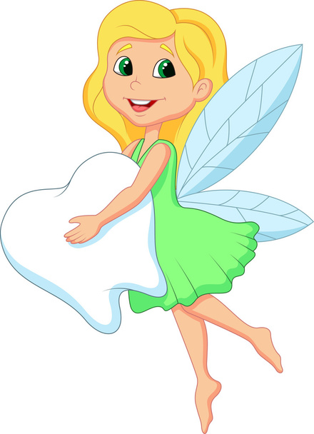 Illustration of a cute Tooth Fairy flying with Tooth - Vector, Image