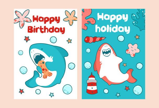 子供の誕生日のための海のカード。サメのかわいい赤ちゃんのイラスト - ベクター画像