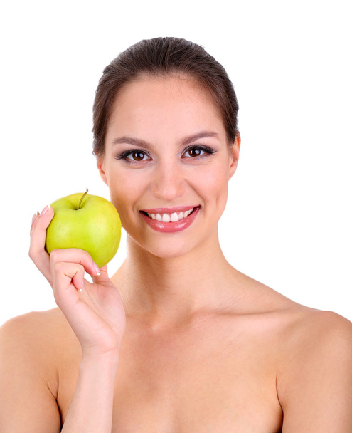 Smiling woman with apple isolated on white - Foto, Bild