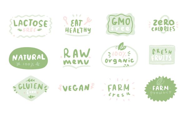 Logo-Set für gesunde Lebensmittel. grobe Gestaltung des Emblems. Fleck Hintergrund für Restaurant, Bauernhof Branding - Vektor, Bild