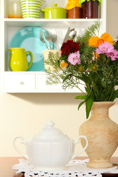 Kitchen composition on table on shelf background - Zdjęcie, obraz