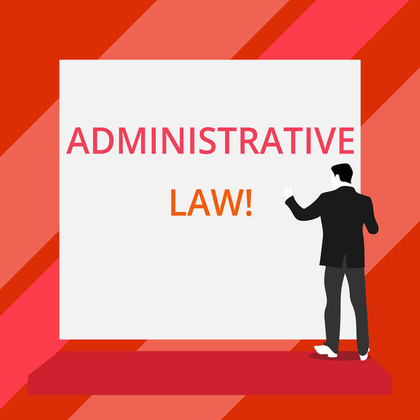 Word writing text Administrative Law. Business concept for Body of Rules regulations Orders created by a government Back view young man dressed suit standing platform facing blank rectangle. - Photo, Image