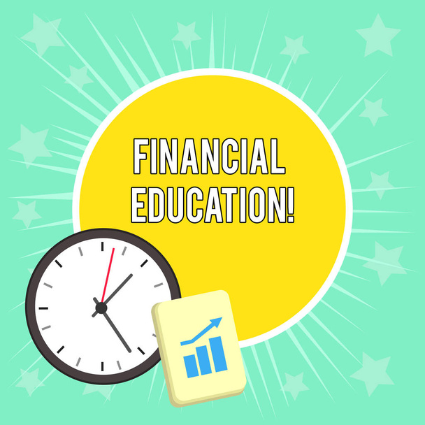 A pénzügyi oktatást bemutató jegyzetírás. Üzleti fotó bemutató megértése monetáris területek, mint a pénzügyi és befektetési elrendezés falióra Jegyzettömb a Escalating Bar grafikon nyíl. - Fotó, kép