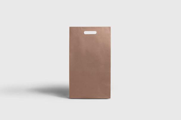 Bruine papieren boodschappentassen mock-up geïsoleerd op zachte grijze achtergrond. 3D-rendering. - Foto, afbeelding