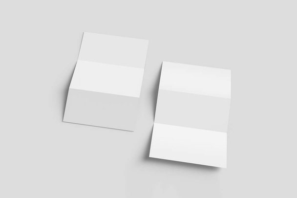 白紙パンフレットは、柔らかい影とハイライトを持つ柔らかい灰色の背景にモックアップ。Zフォールドパンフレットまたはフライヤー.3dレンダリング. - 写真・画像