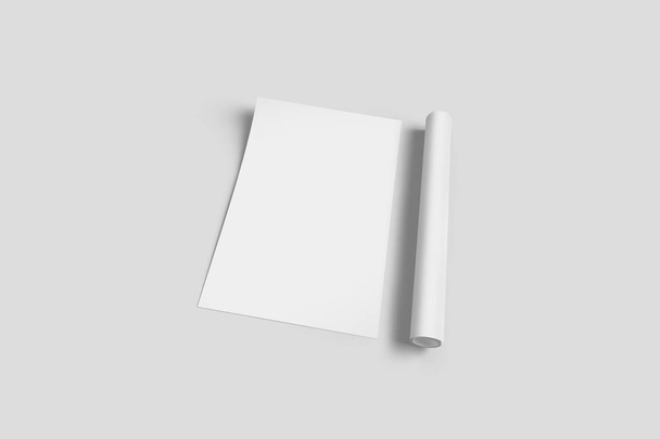 白紙パンフレットは、柔らかい影とハイライトを持つ柔らかい灰色の背景にモックアップ。Zフォールドパンフレットまたはフライヤー.3dレンダリング. - 写真・画像