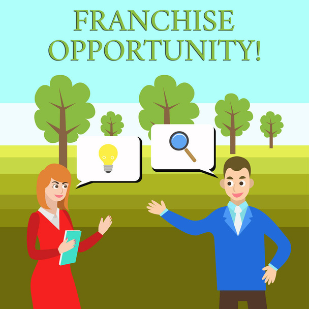 Word writing text Franchise Opportunity. Business concept for Business License Privilege Owner to Dealer Affiliation Business Partners Colleagues Jointly Seeking Problem Solution Generate Idea. - Photo, Image