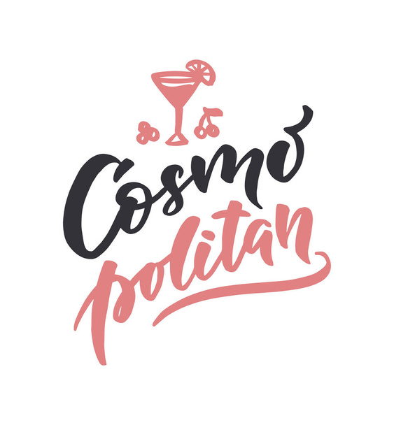 Hand drawn lettering and clipart icons for party and menu bar "Cosmo politany". - Vector, Image