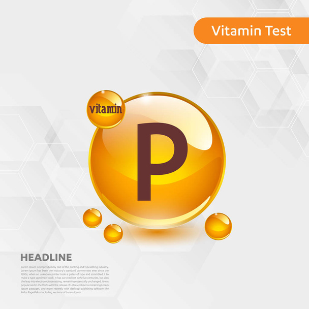 Vitamina P oro brillante píldora cápsula icono, colecalciferol. complejo de vitamina de oro con fórmula química gota sustancia. Médico para la salud Vector ilustración
 - Vector, Imagen