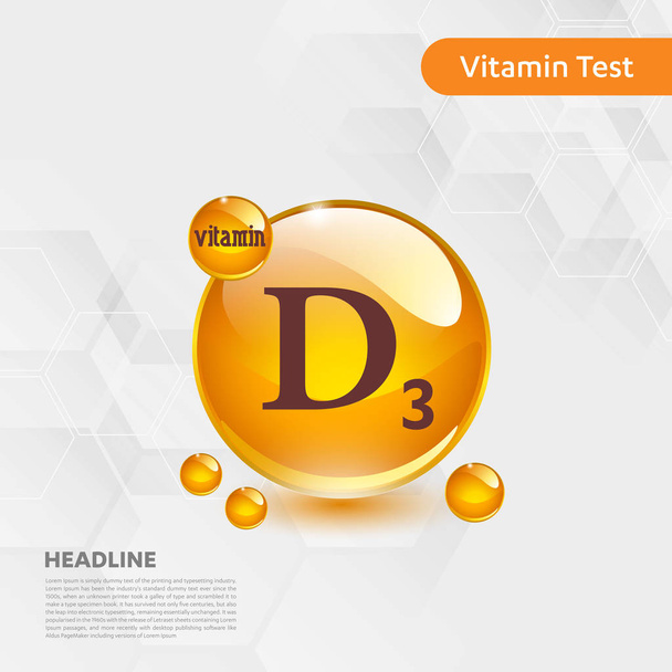 Vitamin D3 gold shining pill capcule icon, cholecalciferol. golden Vitamin complex with Chemical formula substance drop. Medical for heath Vector illustration - Vector, Image