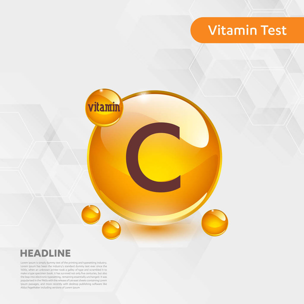 Zlaté tabletky vitamínu C capcule, cholecalciferol. Zlatý komplex vitamínu s chemickým poklesem látky. Lékařství pro Heath Vector ilustrace - Vektor, obrázek