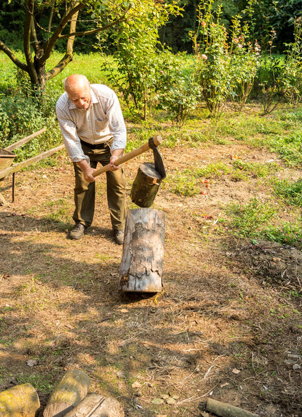 Senior man splitting wood with ax in the garden. - Fotó, kép