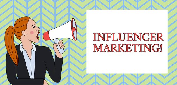 Conceptual hand writing showing Influencer Marketing. Business photo text Endorser who Influence Potential Target Customers Woman Jacket Ponytail Shouting into Loudhailer Rectangular Box. - Photo, Image
