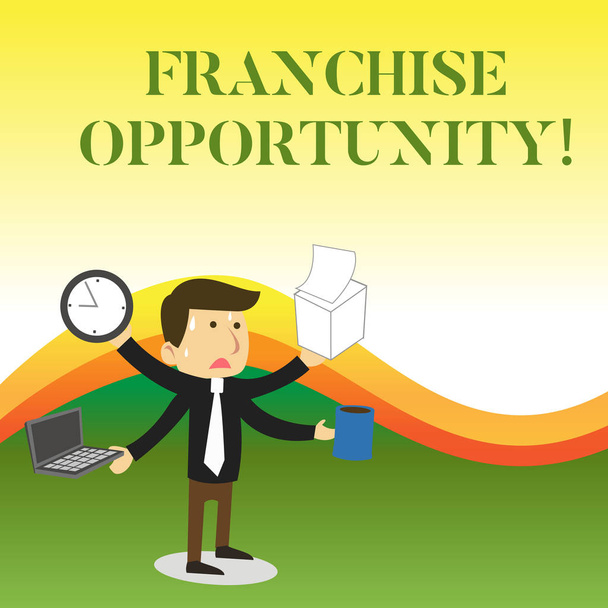 Text sign showing Franchise Opportunity. Conceptual photo Business License Privilege Owner to Dealer Affiliation Stressed Out Male Employee Manager Many Armed Multitasking Meet Deadline. - Photo, Image
